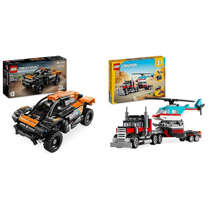 LEGO Technic NEOM McLaren Extreme E Race Car Set, car toy with pull-back motor & Creator 3in1 Low Loader with Helicopter, vehicle set with helicopter and truck toys.