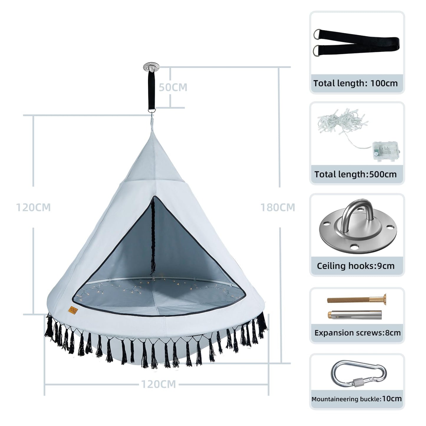 CCLIFE Nest Swing with Tent Ø 120 cm Swing Indoor & Outdoor Hanging Cave Hanging tent for Kids & Adults Max. 120kg in Grey