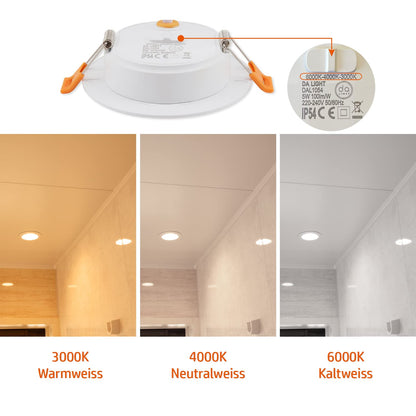 LIGHT LED recessed spotlights 230V 6 pieces, IP54 built-in lights 5W 500LM, bathroom spotlight 3000/4000/6000K, recessed ceiling light depth 25MM for bathroom living room kitchen bedroom
