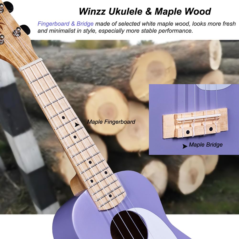 Winzz Soprano Ukulele for Kids, Ukulele Set for Adult Beginners, 21 Inches, with 9 Accessories, Small Beginner Children's Guitar 4 Strings (Color: Purple, Wood)