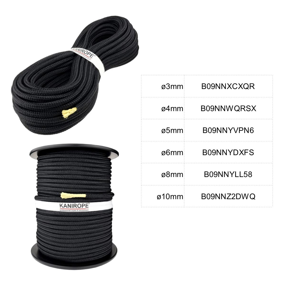 Kanirope® polyester rope with aramid core kevlar rope. PARABRAID 8mm 30m black braided.