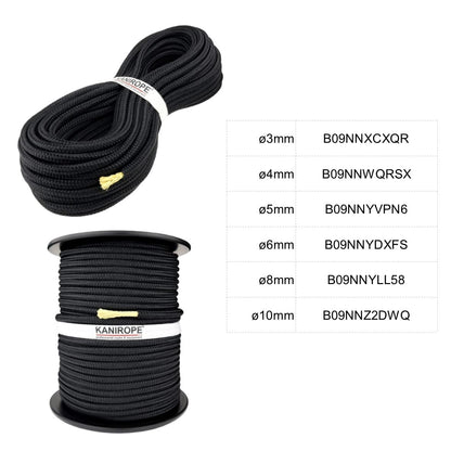 Kanirope® polyester rope with aramid core kevlar rope. PARABRAID 8mm 30m black braided.