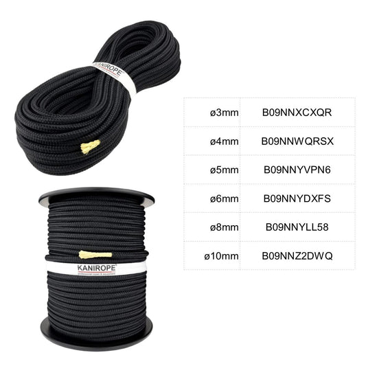 Kanirope® polyester rope with aramid core kevlar rope. PARABRAID 8mm 30m black braided.