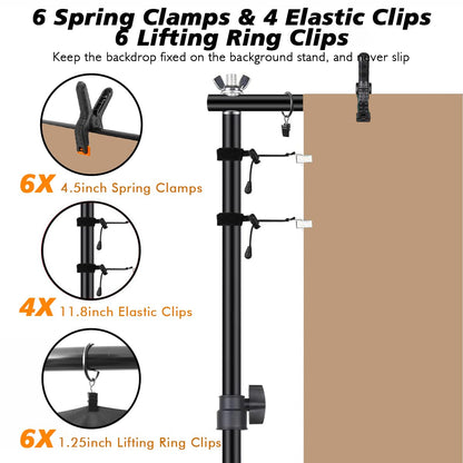 2.6x3m Photo Studio Background System Adjustable Photo Background Stand Set for Photography Party with 1 Carrying Bag, Support System Stand for Photos, Videos, Studio, 6 Spring Clamps, 2 Sandbags