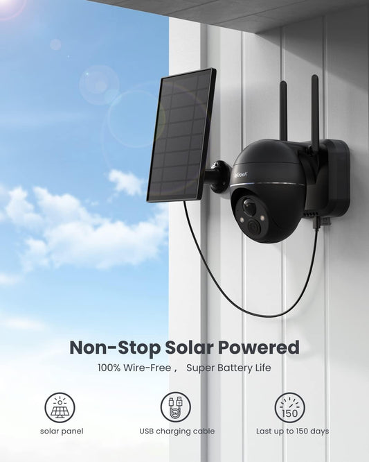 ieGeek 2K Solar Outdoor Security Camera with Battery, 355°/140° Pan Tilt Wireless Surveillance Camera with Color Night Vision, PIR Motion Sensor, Siren/White light alarm, 2-way Audio, IP65, Cloud/Storage Card.
