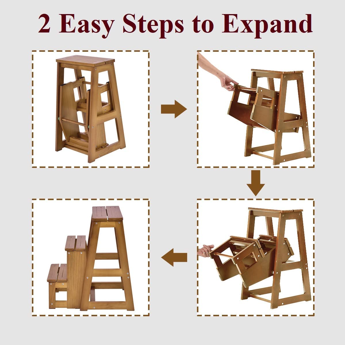 GIANTEX Wooden Step Stool 3 Steps, Folding Step Ladder Foldable Step Stool, Wooden Step Ladder Foldable, Household Step Small, Pine Wood Folding Steps (Walnut)