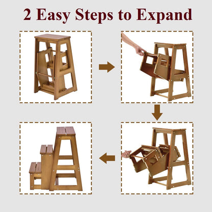 GIANTEX Wooden Step Stool 3 Steps, Folding Step Ladder Foldable Step Stool, Wooden Step Ladder Foldable, Household Step Small, Pine Wood Folding Steps (Walnut)