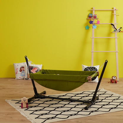 Baby Hammock with Stand. Made from 100% cotton, this travel-friendly baby hammock comes with a wooden swing stand for your little one to rest and play comfortably.