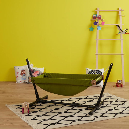Baby Hammock with Stand. Made from 100% cotton, this travel-friendly baby hammock comes with a wooden swing stand for your little one to rest and play comfortably.