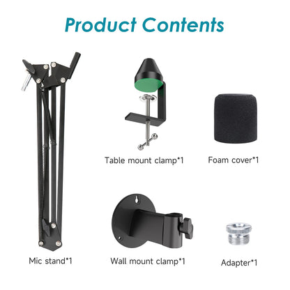 YOUSHARES microphone arm, microphone wall mount, metal table mounting clamp with pop filter for Shure MV7 microphone could allow for wall and table mounting.