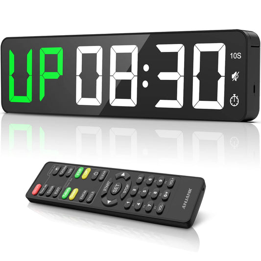 Gym Timer 15" Large LED Display Wall Clock|Interval Workout|Countdown & Up|Stopwatch|12 Adjustable Volume|3 Installation Options|Digital Timer for Fitness Home Garage Gym and Outdoor Sport
