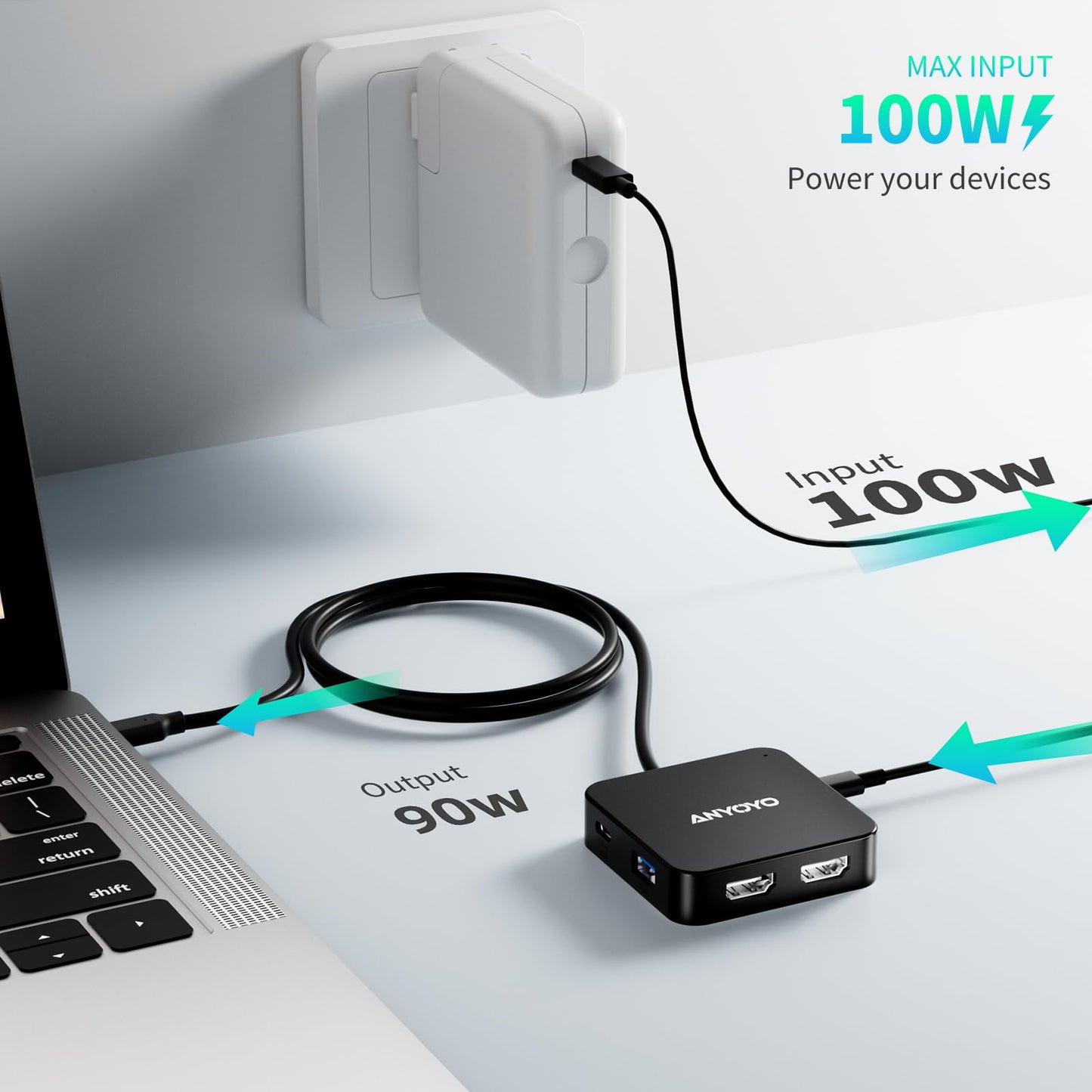 Docking Station for 2 monitors, Dual 4K 60Hz HDMI adapter, USB C hub with dual 4K HDMI, USB C data, 100W PD, USB 3.0, USBC docking station for MacBook Air/Pro/Dell/HP/Surface/Lenovo.