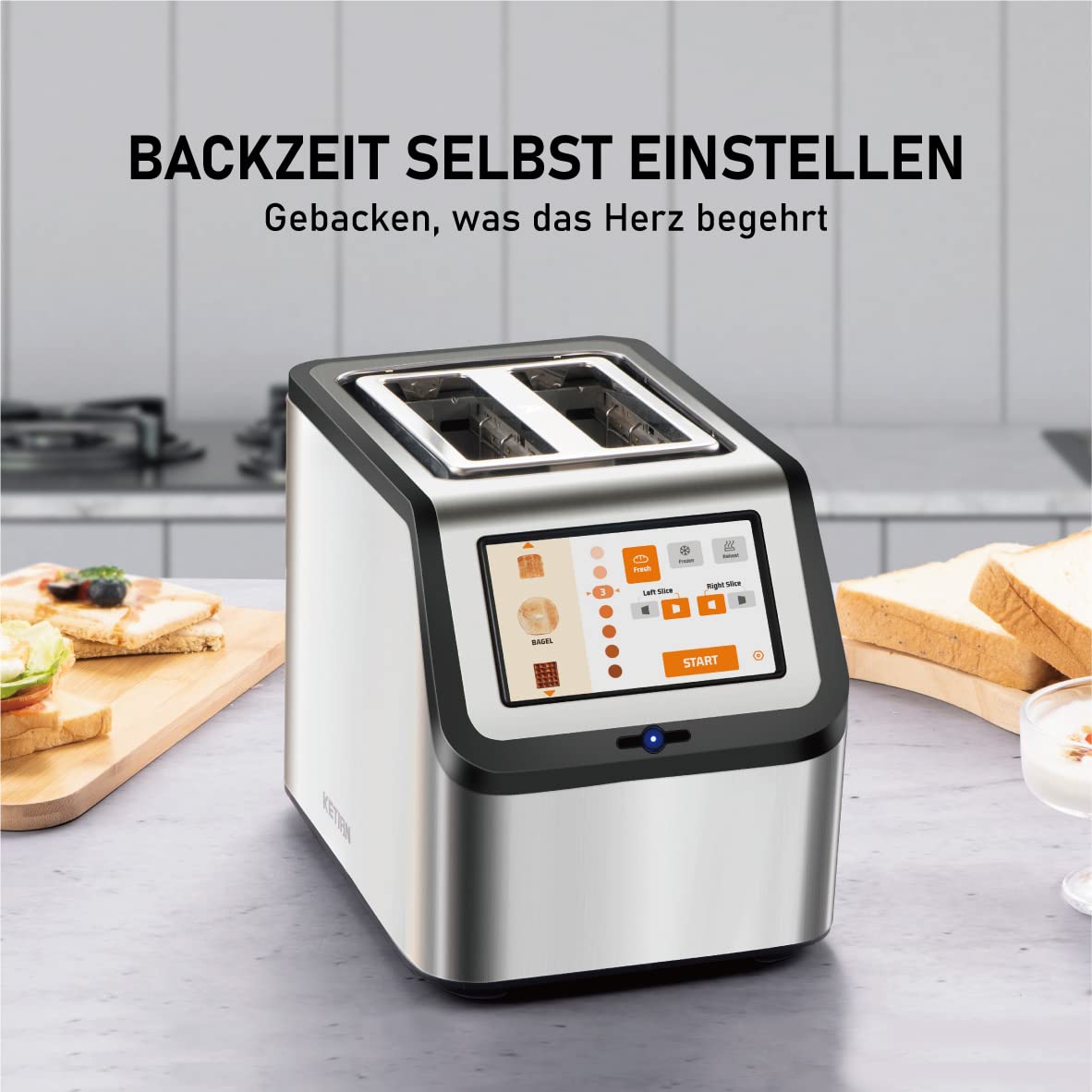 Smart toaster with touchscreen, KETIAN 2-slice toaster, auto shut-off, auto lift & bread centering, stainless steel, 1400W