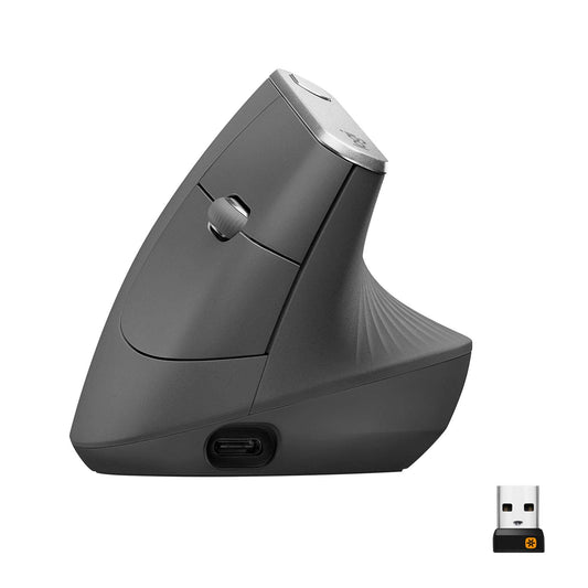 Logitech MX Vertical, Ergonomic Wireless Mouse, Bluetooth and 2.4 GHz connection via Unifying USB receiver, 4000 DPI sensor, rechargeable battery, 4 buttons, multi-device, PC/Mac/iPadOS compatible - Graphite