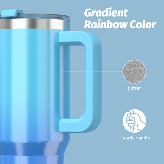 WATERSY 30oz Coffee Cup to Go, Double-Walled Stainless Steel Vacuum Insulated Leak-Proof Travel Mug with Handle and Straw, Thermo Tumbler Deux Shiny Blue