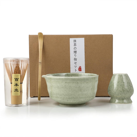 Matcha set - Matcha whisk set - 4-piece matcha tea set, Matcha whisk, Matcha bowl, Chasen, and Matcha spoon - Matcha accessories for tea ceremony - Green gift for home and office.