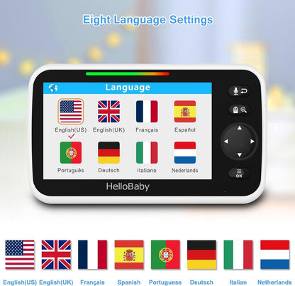 HelloBaby Video Baby Monitor, 5-inch split screen with dual cameras, remote control cameras with night vision and temperature monitoring, ECO mode, two-way talk.