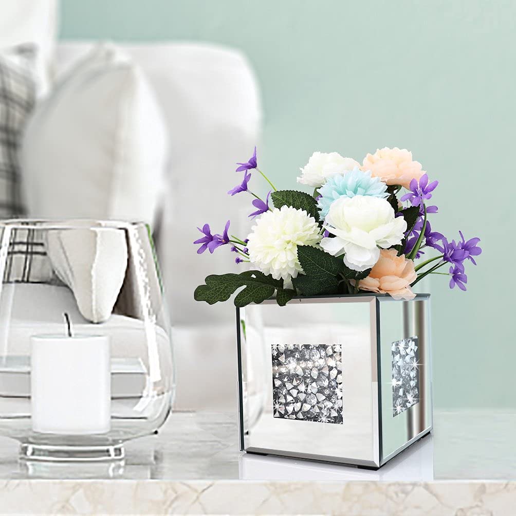 Glass vase, mirrored, crystal glass, 15.2 x 15.2 x 15.2 cm, decorative, flower, luxurious, for home decor, cannot hold water.