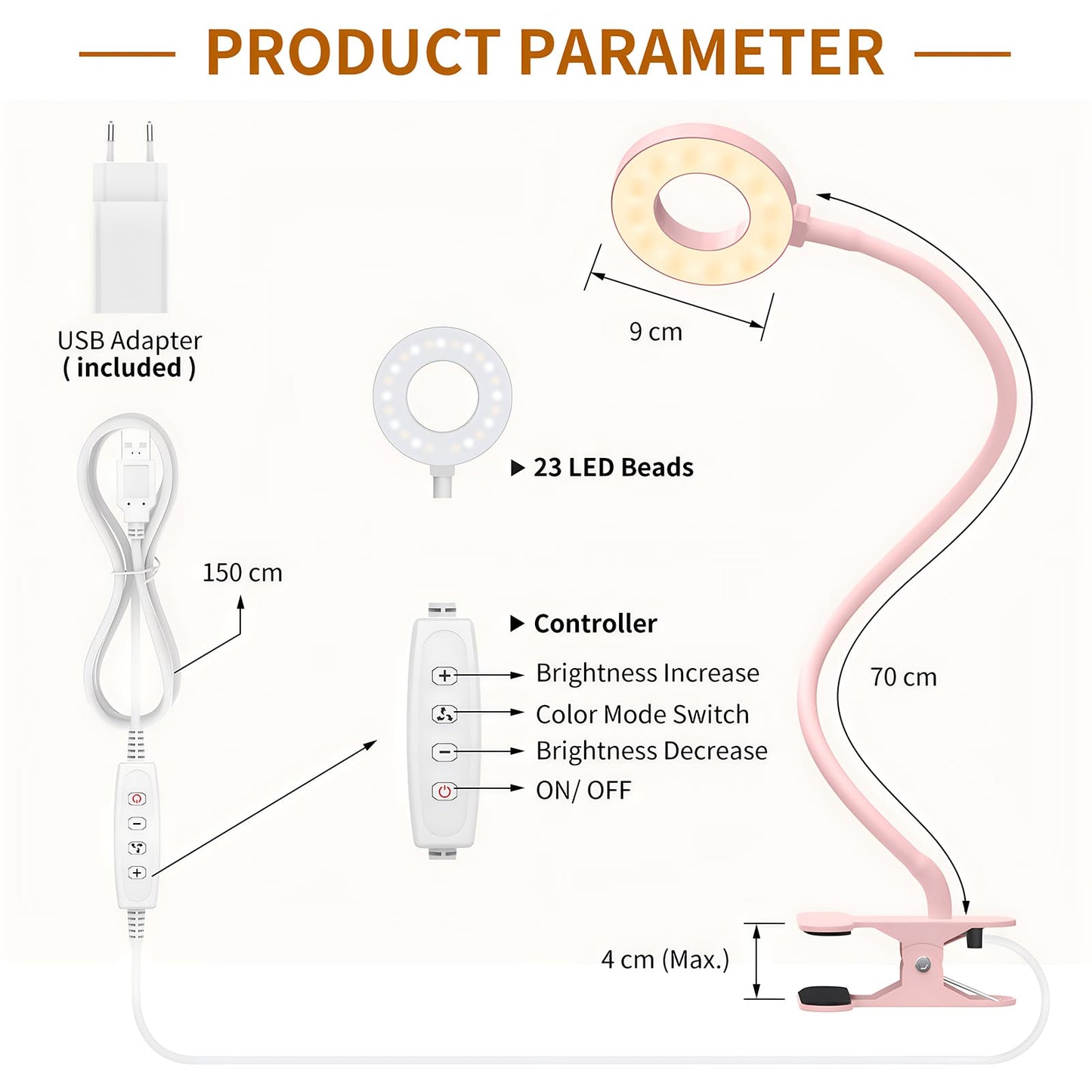 iZELL 23 LED Reading Light for Bed Dimmable -【3 Modes & 10 Brightness Levels】Eye Protection Clip Lamp with 70cm Flexible Gooseneck, Clamp Light, Reading Light with 10W USB Charger