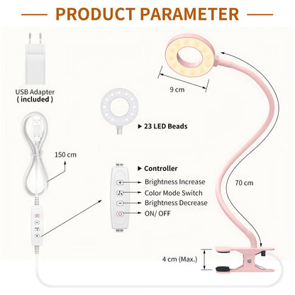 iZELL 23 LED Reading Light for Bed Dimmable -【3 Modes & 10 Brightness Levels】Eye Protection Clip Lamp with 70cm Flexible Gooseneck, Clamp Light, Reading Light with 10W USB Charger