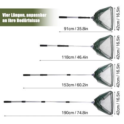 Folding telescopic fishing net 190cm, compact and portable for pond and carp fishing. Great outdoor fishing accessory for kids and adults.