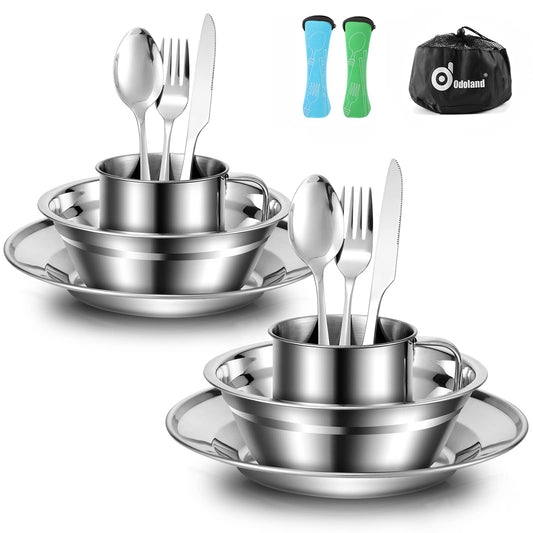 Odoland Camping Cutlery Set, outdoor utensils made of stainless steel for 2 people. Foldable utensils with plate and cup. Ideal for outdoor cooking, traveling, hiking, and camping.