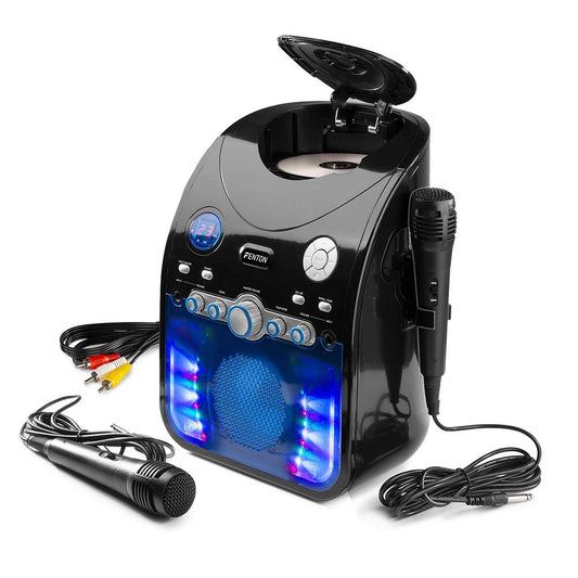 Fenton SBS20B Karaoke system with 2 microphones, CD PLUS G-player, kids karaoke machine with Bluetooth and built-in speaker, LED lighting, AV OUT, radio for kids - Black.