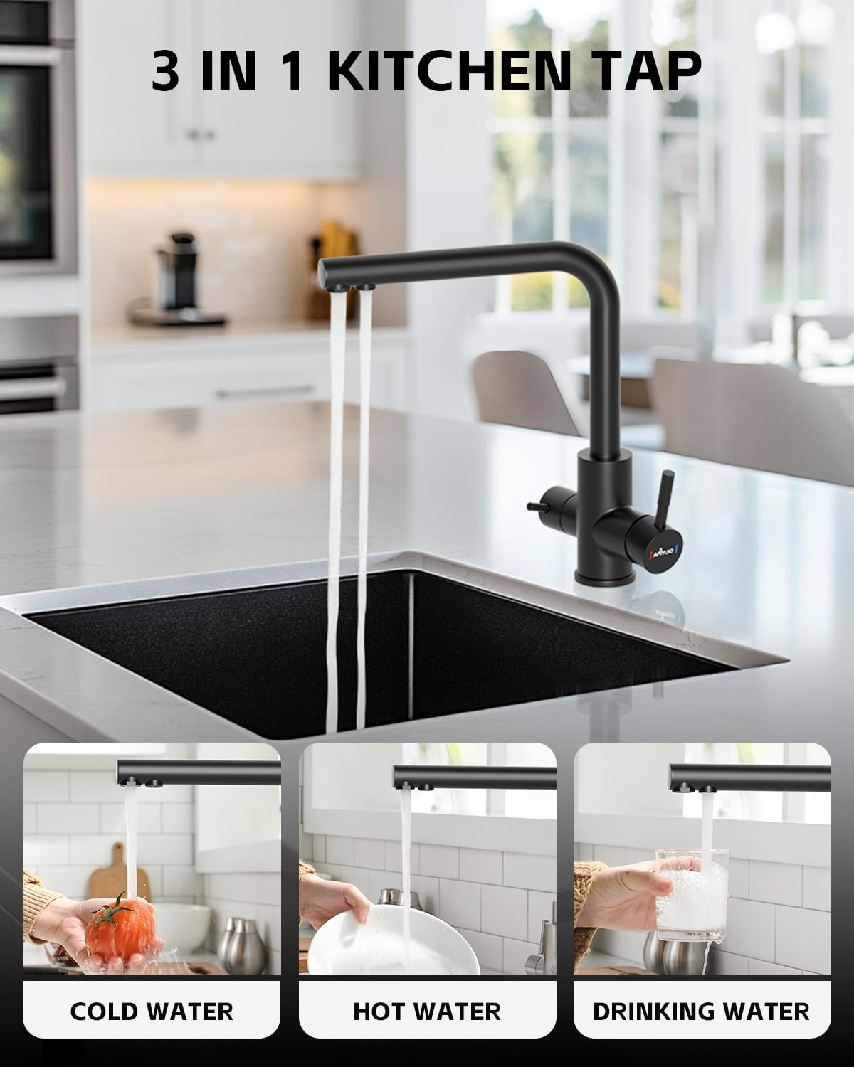 APPASO 3-Way Water Faucet Black, Kitchen Faucet 3 Way 360° Rotatable, 3-in-1 Kitchen Mixer Tap for Water Filter, Drinking Water Faucet with 2 Handles, Three-Way Faucet, Stainless Steel Black Sink Faucet.