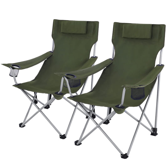 SONGMICS Camping Chair, Set of 2, Folding Chair, Outdoor Chair with Armrests, Headrest, and Drink Holders, Metal Frame, Supports up to 150 kg, Green GCB09AG02.