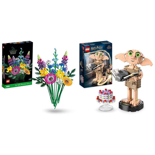 LEGO 10313 Icons Wildflower Bouquet Set, Artificial Flowers with Poppy and Lavender & 76421 Harry Potter Dobby the House Elf Set, poseable iconic character.