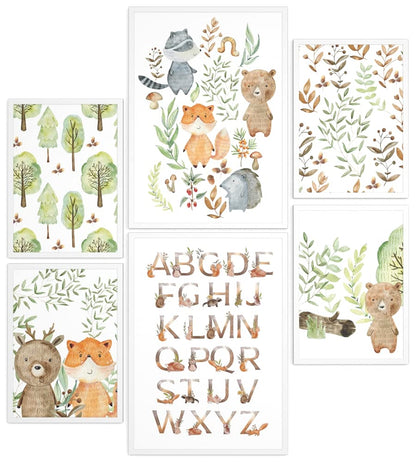 Papierschmiede® Kids Room Pictures Kids Mood Poster Set, Scout Animals, Framed pictures for children's room in white wooden frames, 2x DIN A3 and 4x DIN A4, Forest Alphabet Fox