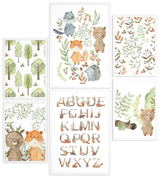 Papierschmiede® Kids Room Pictures Kids Mood Poster Set, Scout Animals, Framed pictures for children's room in white wooden frames, 2x DIN A3 and 4x DIN A4, Forest Alphabet Fox
