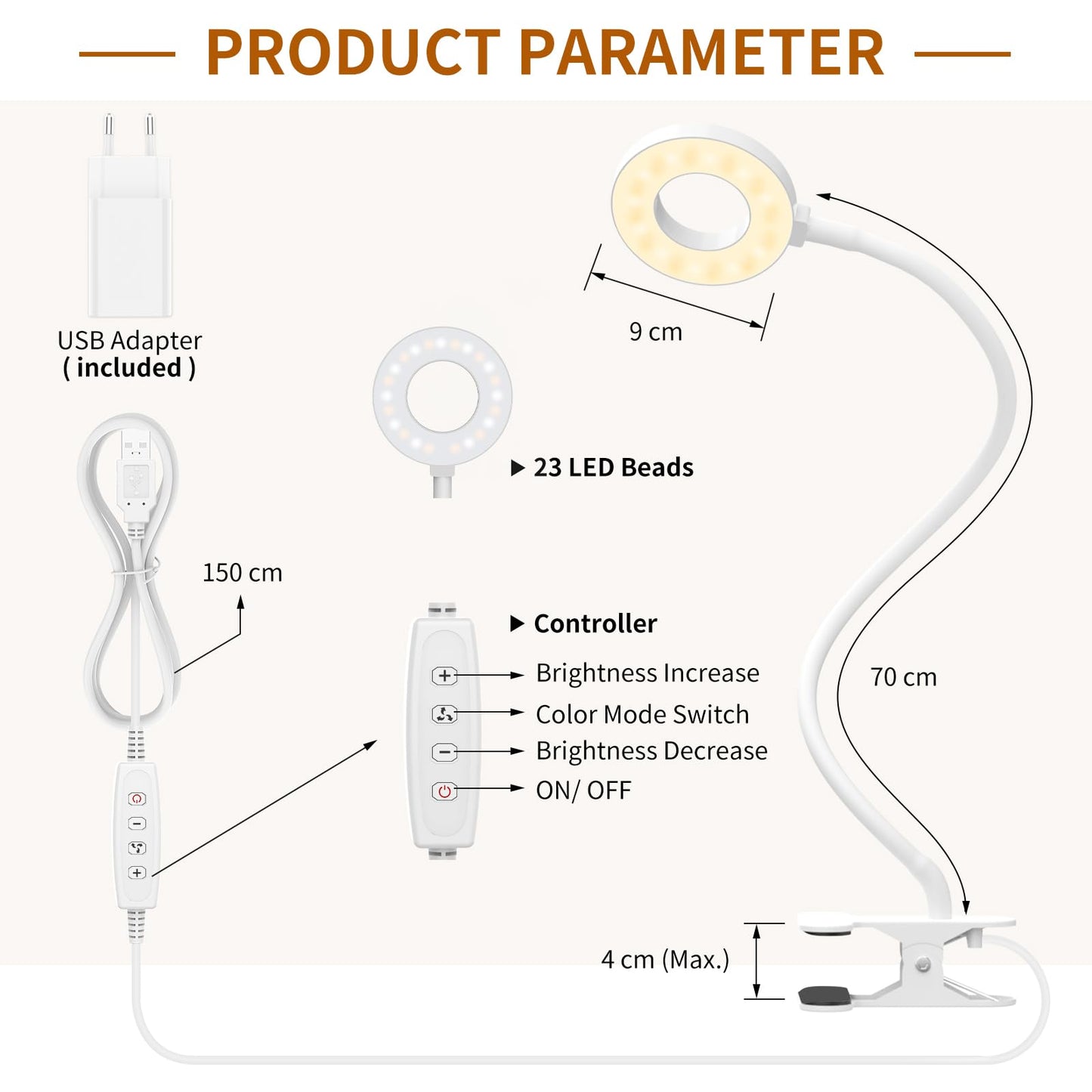 iZELL 23 LED Reading Light for Bed Dimmable -【3 Modes & 10 Brightness Levels】 Eye Protection Clip-on Lamp with 70cm Flexible Gooseneck, Book Light, Desk Lamp with 10W USB Charger, White