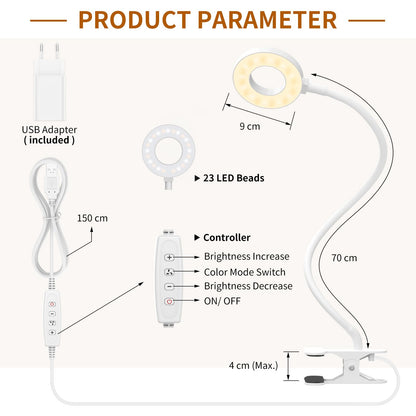iZELL 23 LED Reading Light for Bed Dimmable -【3 Modes & 10 Brightness Levels】 Eye Protection Clip-on Lamp with 70cm Flexible Gooseneck, Book Light, Desk Lamp with 10W USB Charger, White