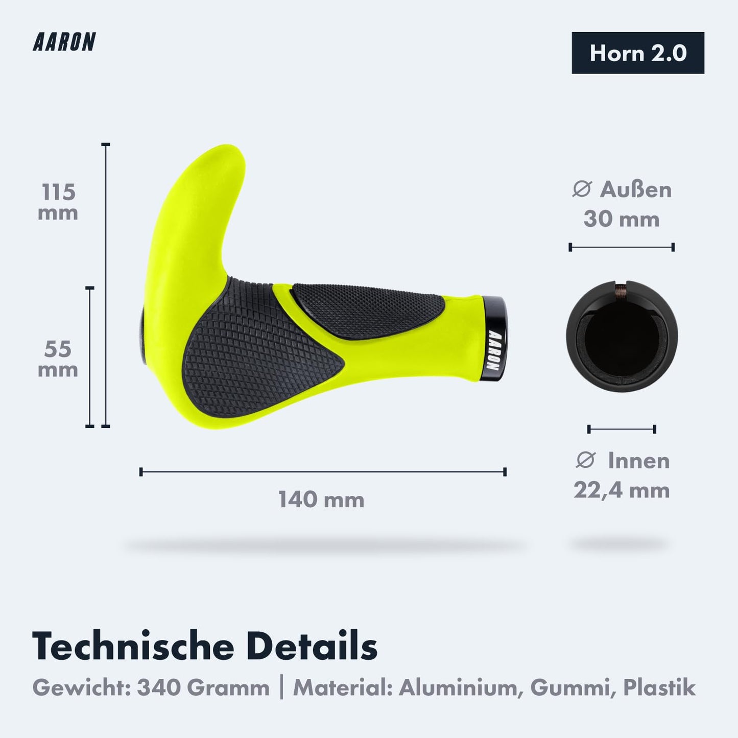 AARON Horn - grip handles with gel damping - ergonomic handlebars made of non-slip rubber - bike grips for e-bike, trekking bike, mountain bike, touring bike in yellow.