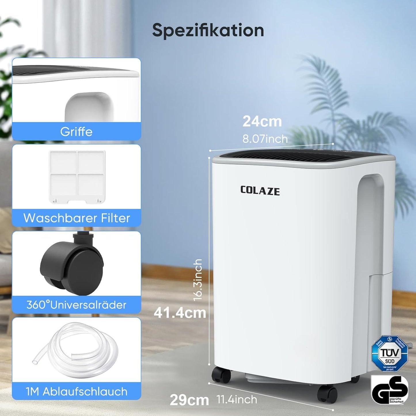 COLAZE Dehumidifier, 12L/24h Electric Dehumidifier, Suitable for Room Sizes up to 120m³ (30m²), Quiet Dehumidifier with Digital Display, Room Dehumidifier for Basement Bedroom Bathroom