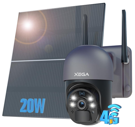 Xega 4G LTE surveillance camera with SIM card Outside【20W Solar Panel】20,000mAh Battery 2K 3MP PTZ Solar Wireless Surveillance Camera without WiFi, 355°/95° Rotatable, Color Night Vision, PIR Detection (No WiFi)