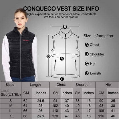 CONQUECO Women's Heated Vest Battery: Heated Jacket with 10000mAh Battery - USB Charging Heated Down Vest Clothing for Outdoor Travel Motorsport, S