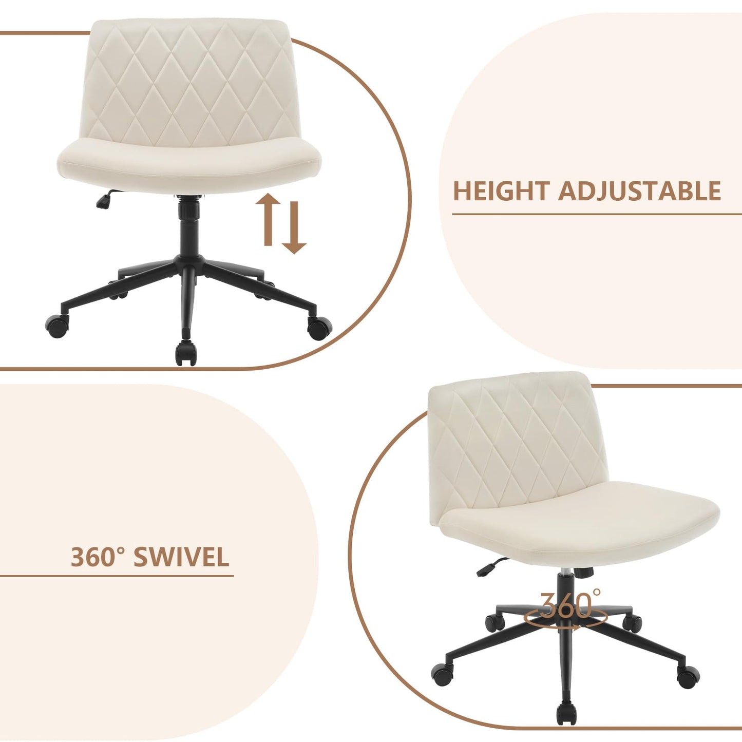 WOLTU office chair armless, desk chair wide seat, swivel chair height adjustable, ergonomic seat cross-legged, reading chair 150 kg capacity, velvet, Beige BS160cm.