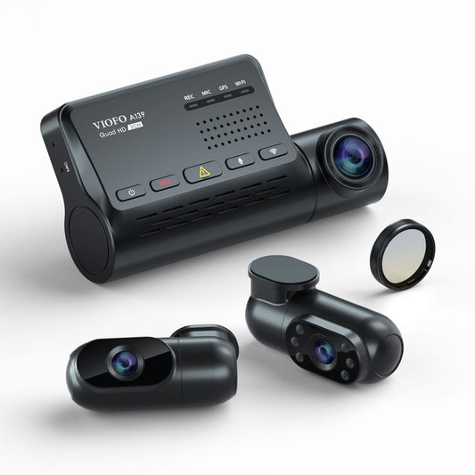 VIOFO A139 3-channel 5GHz WiFi dashcam with mobile monitoring, built-in GPS with CPL filter, 1440P + dual 1080P cameras, 2560P X 1440P 60fps front, 24-hour parking mode with IR night vision, and a max of 256GB storage capacity.
