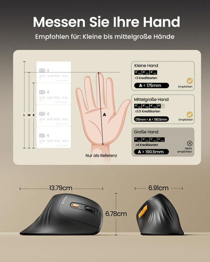 ProtoArc EM11 NL Ergonomic Vertical Mouse, MINI Wireless Rechargeable Mouse with 3 Devices (2*Bluetooth+USB), Vertical Wireless Mouse for Computer, iPad, Mac, Windows - Black