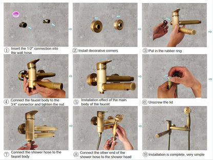 KOPYFANTAP Retro bathtub faucet with handheld shower brass antique, wall-mounted bathtub mixer tap shower set, 90° rotatable spout 15cm.