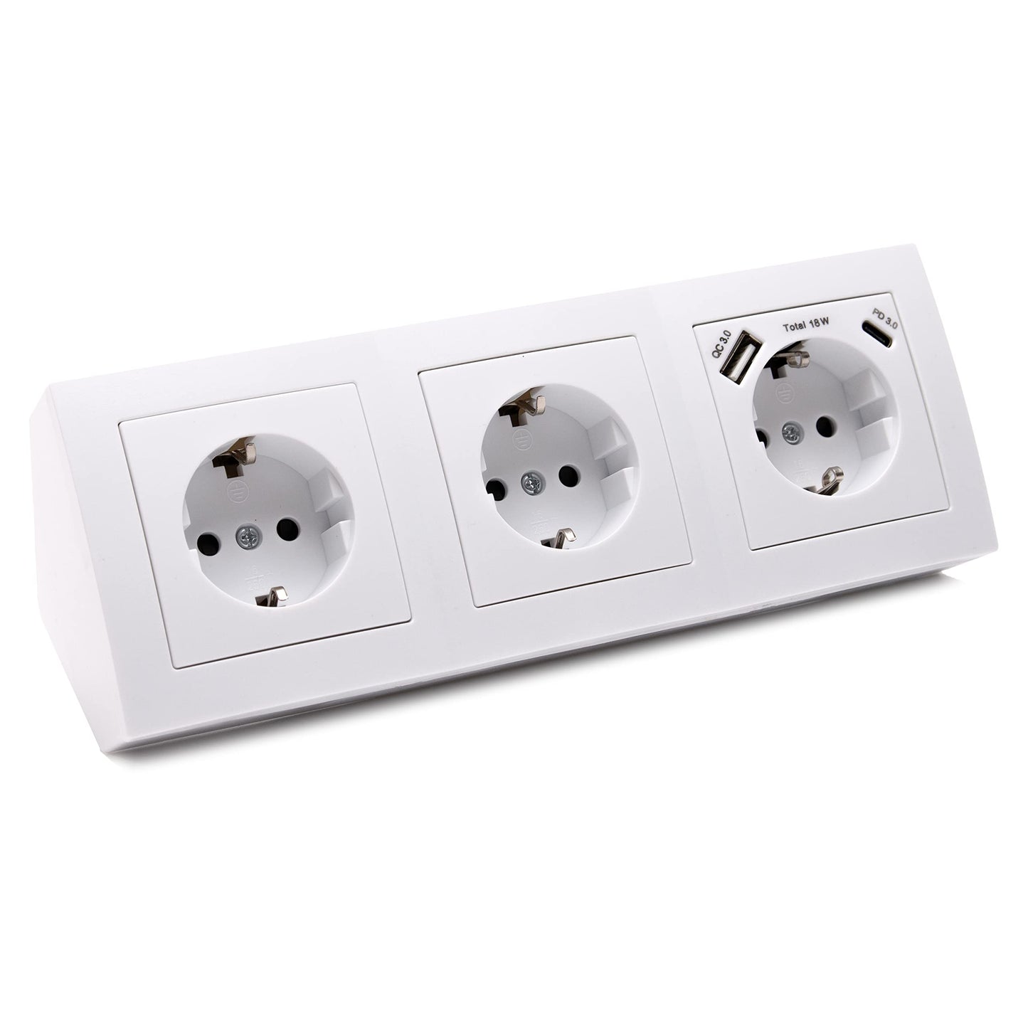 Corner socket surface mount, 3 outlets Schuko + USB-A + USB-C, 15 cm connection cable and terminal block for kitchen counter, office, workshop, 250V~/16A, white