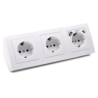 Corner socket surface mount, 3 outlets Schuko + USB-A + USB-C, 15 cm connection cable and terminal block for kitchen counter, office, workshop, 250V~/16A, white