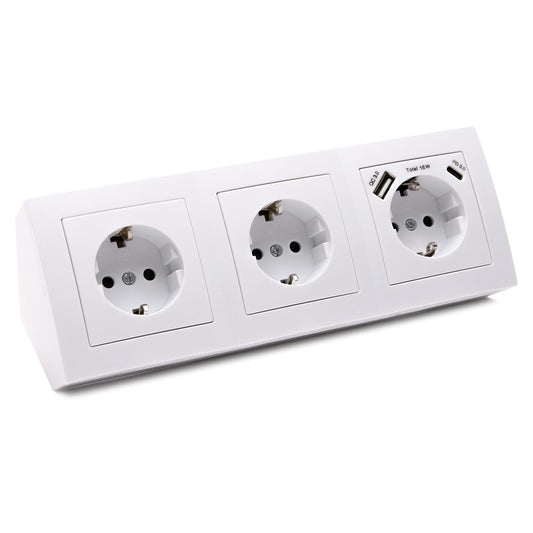 Corner socket surface mount, 3 outlets Schuko + USB-A + USB-C, 15 cm connection cable and terminal block for kitchen counter, office, workshop, 250V~/16A, white