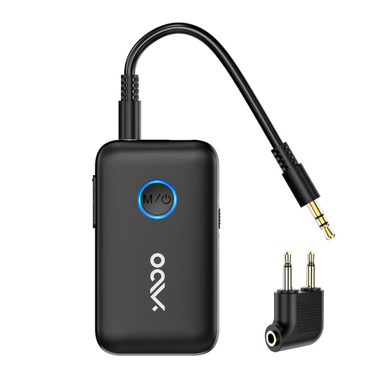 YMOO Bluetooth 5.3 adapter for TV/airplane to headphones, 2-in-1 Bluetooth transmitter receiver with APTX-ll, Bluetooth sender jack 3.5, splitter 2 for TV audio to speaker, 22H.