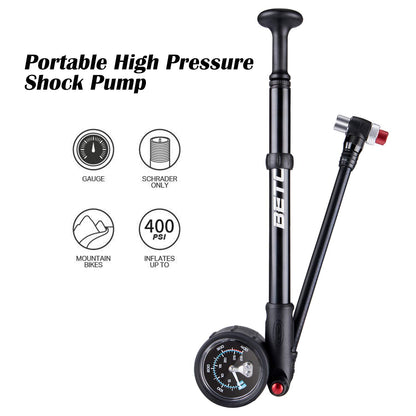Beto high-pressure shock pump - (400 PSI max) MTB bike shock pump for front and rear suspension with no-loss Schrader valve.