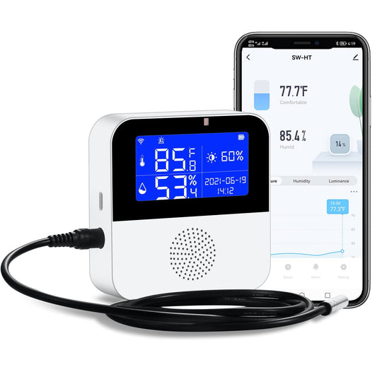 WiFi temperature sensor with waterproof external probe, Tuya smart temperature humidity monitor with backlight LCD display, buzzer alarm & app notification alert. Remote monitor for incubator and wine cellar.