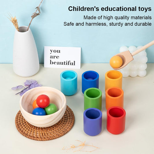 PKKP Montessori toy for 1 year old, wooden sorting stacking toy with 7 30mm rainbow wooden balls in cups, baby toy for preschool color sorting and counting, gift for 2 3 4 5 year olds