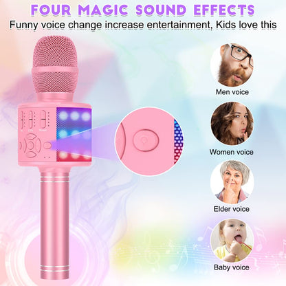 Magic Sing LED Karaoke Microphone for Kids, Wireless Bluetooth Toy for 3-12 Year Old Girls, KTV Speaker with Voice Changer, Home KTV Karaoke Machine for Android, iOS, PC (KP06-Pink)